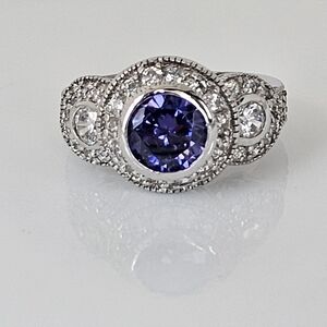 Rare Art Deco Blue Sapphire & Diamond Simulant Sterling Silver Ring Sz 7